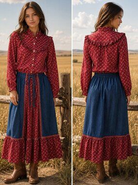 Eber San Francisco Vintage Prairie Skirt Blouse Set Denim Floral Lace Up Skirt